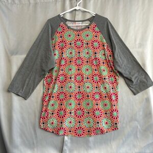 LuLaRoe Randy Tee 2XL Geometric Kaleidoscope Print Grey Raglan 3/4 Sleeve Top